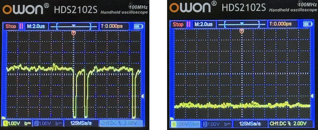 Oscilloscope traces. Left image shows IC20 p9, right image shows IC20 p10