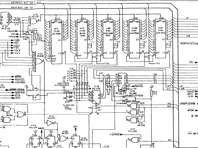 Partial BBC Micro schematic showing sideways ROM circuitry