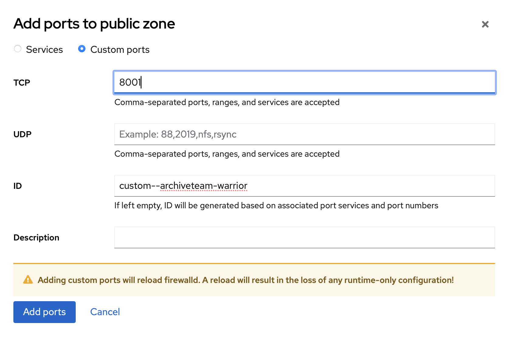 Firewall settings for ArchiveTeam-Warrior container