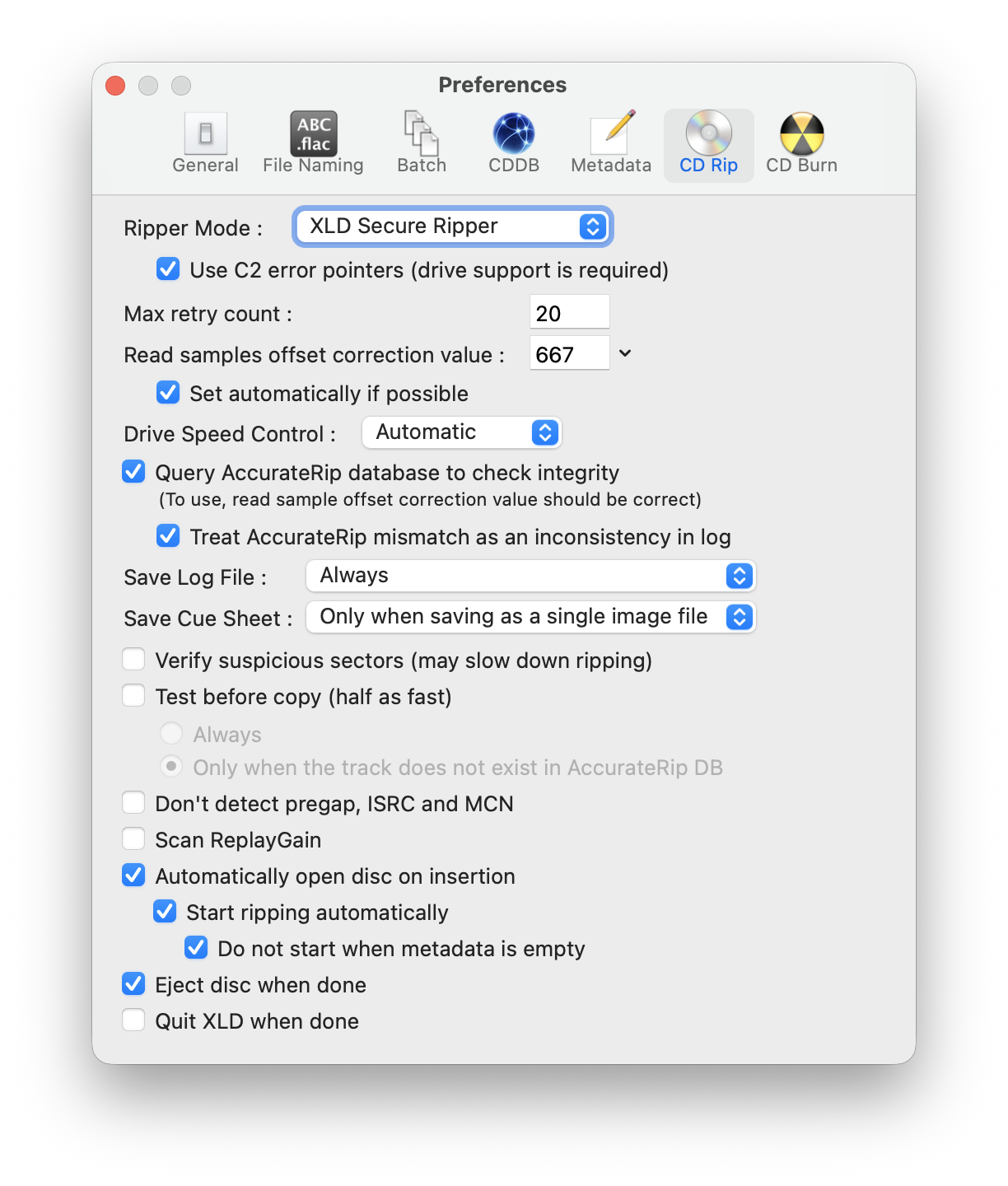 XLD Settings, CD Rip preferences window showing configuration options for CD ripping parameters including error correction and read settings