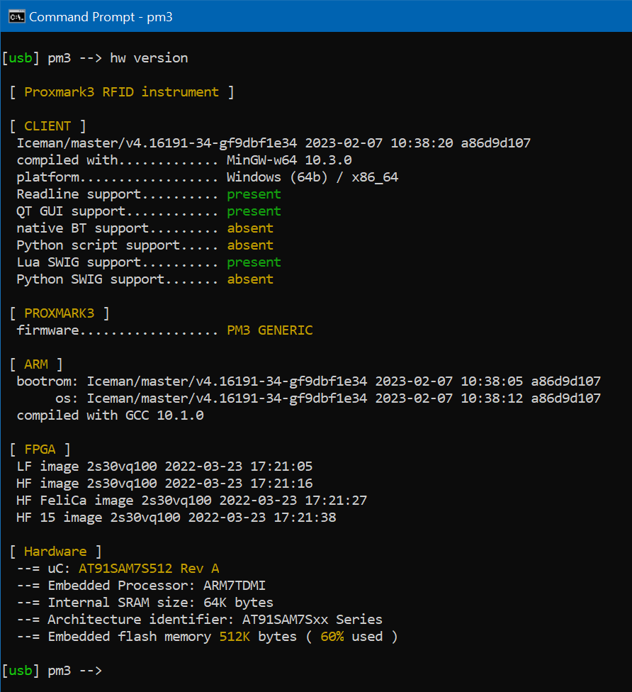 Test 1: Run 'hw version' command from pm3